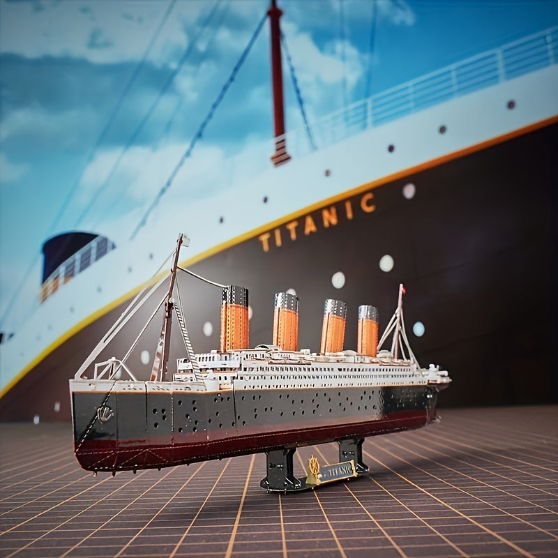 Unboxing the Titanic 3D metal model kit, showing intricate laser-cut sheets for DIY craft project.