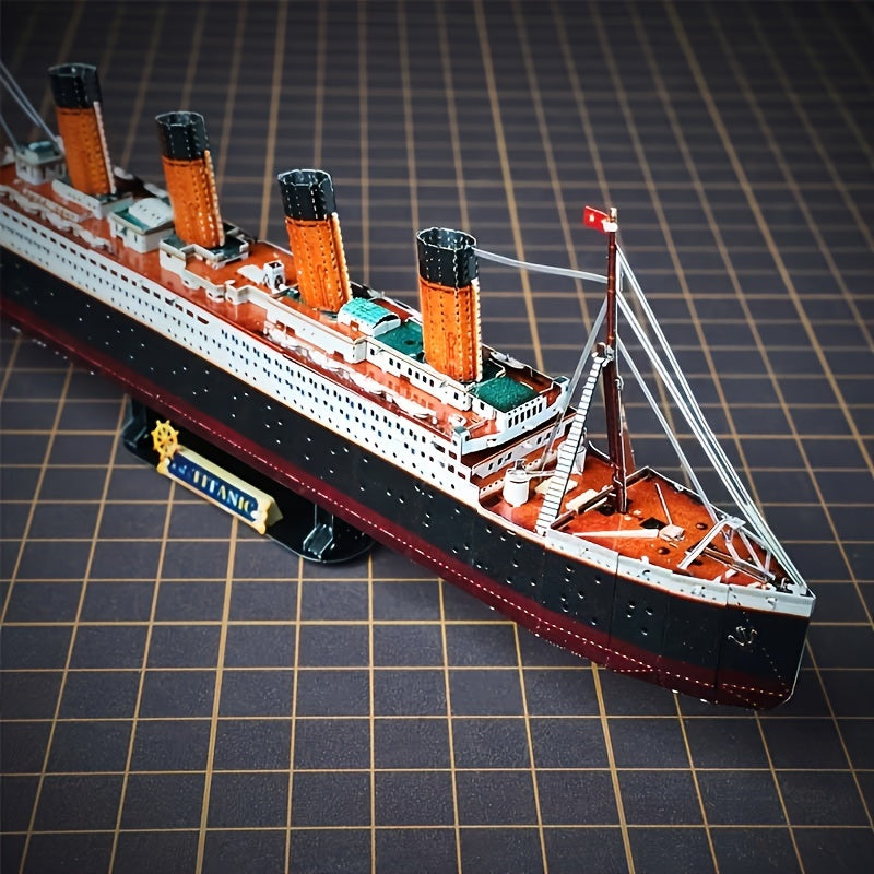 Close-up of intricate details on the Titanic 3D metal model kit, showcasing deck & smokestacks.