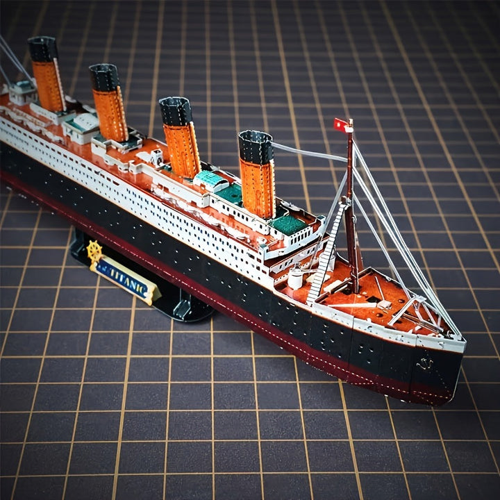 Close-up of intricate details on the Titanic 3D metal model kit, showcasing deck & smokestacks.