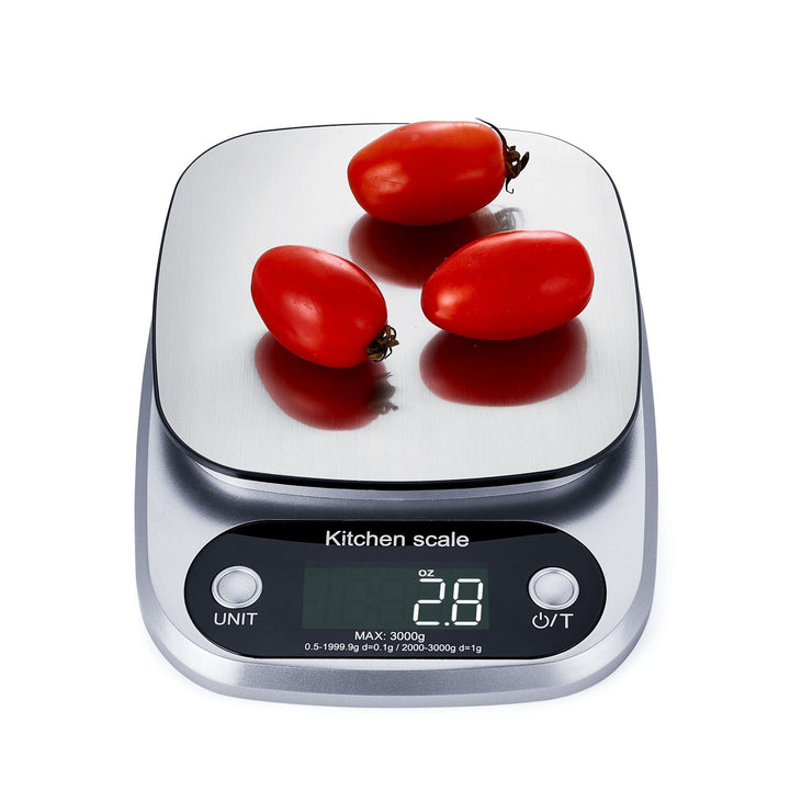 Stainless steel digital food scale for accurate weighing of ingredients.