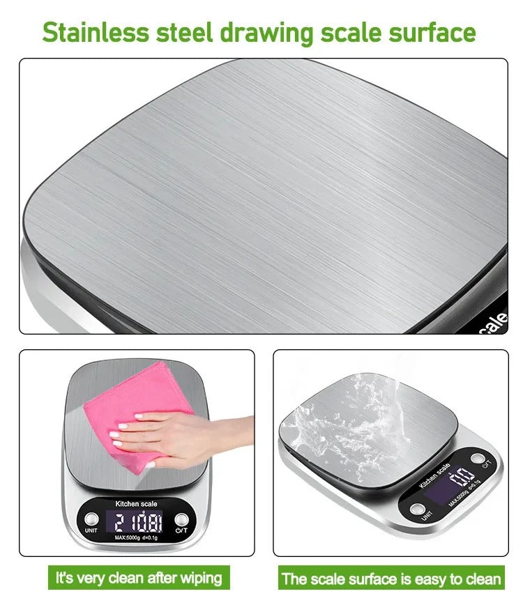 Easy-to-read digital kitchen scale with high-precision for accurate measurements.