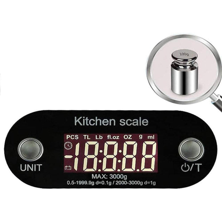 Sleek stainless steel digital food scale, a modern, accurate kitchen appliance.