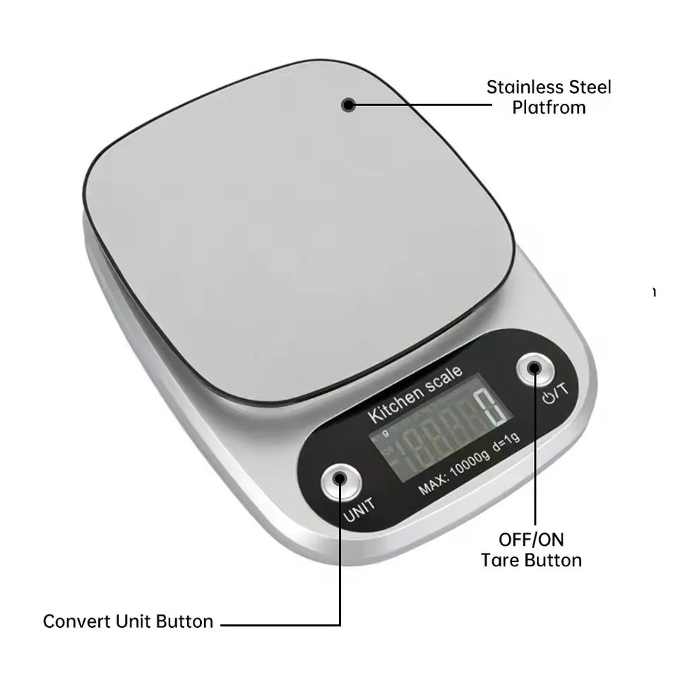 Stainless steel, high-precision digital food scale for accurate culinary results.