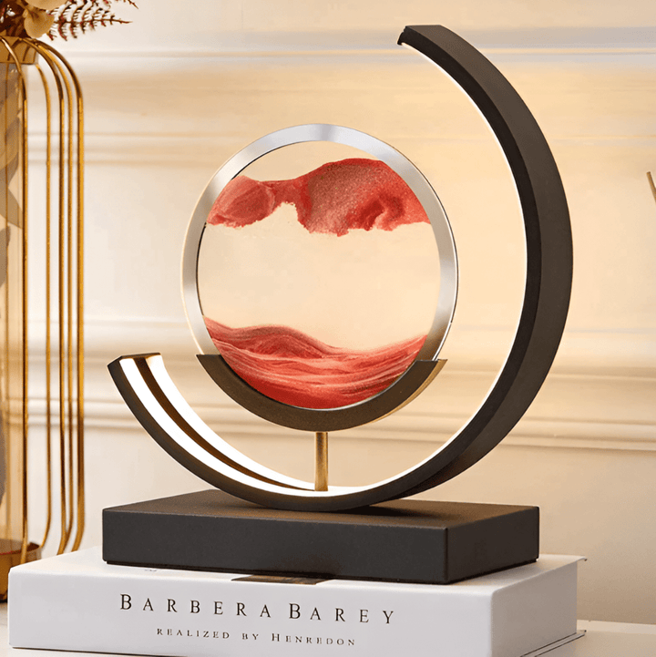 Elegant Moving Sand Lamp with dimmable LED, enhancing home decor with a tranquil glow.
