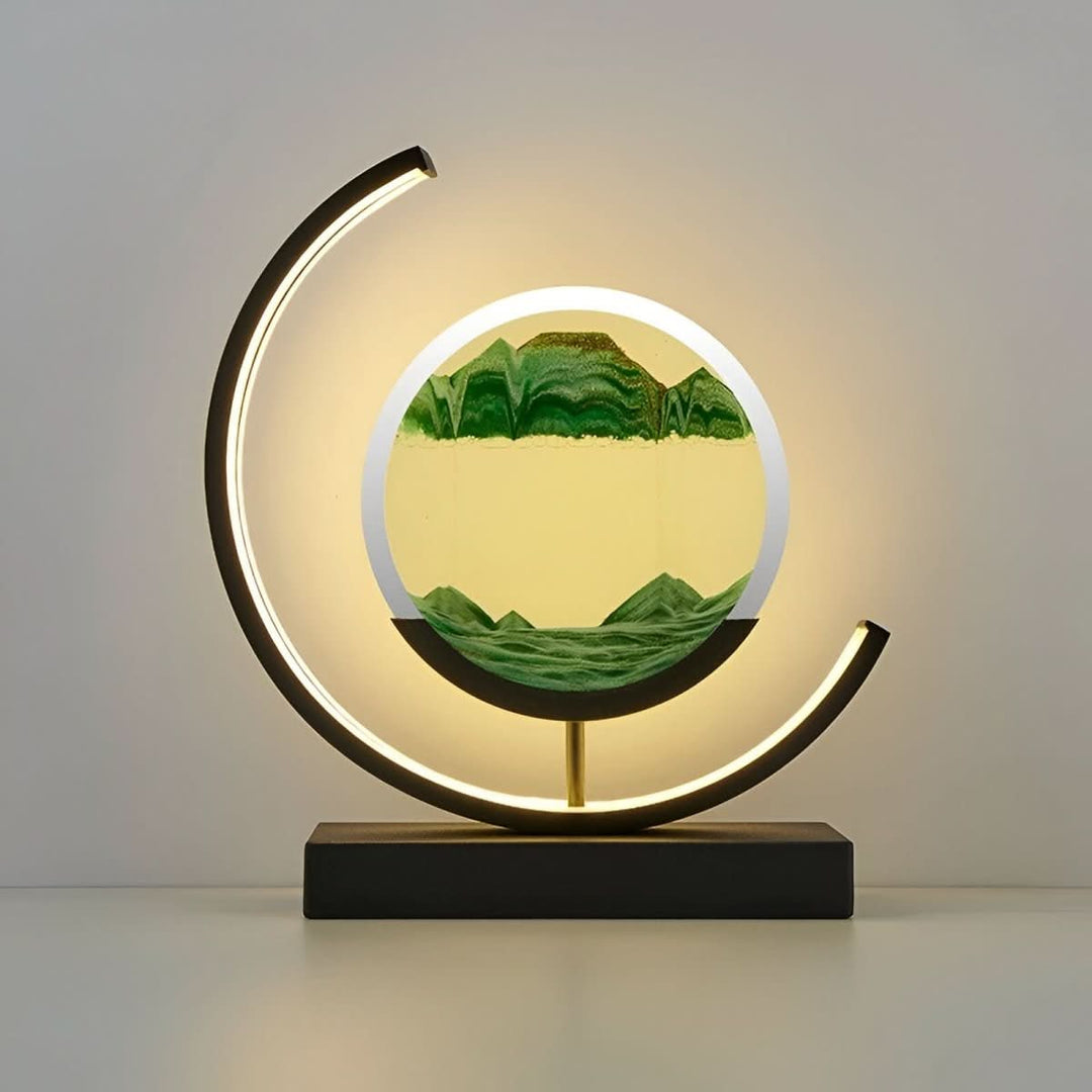 Relaxing Dimmable LED Sand Lamp showing intricate sand art patterns, ideal for bedroom decor.