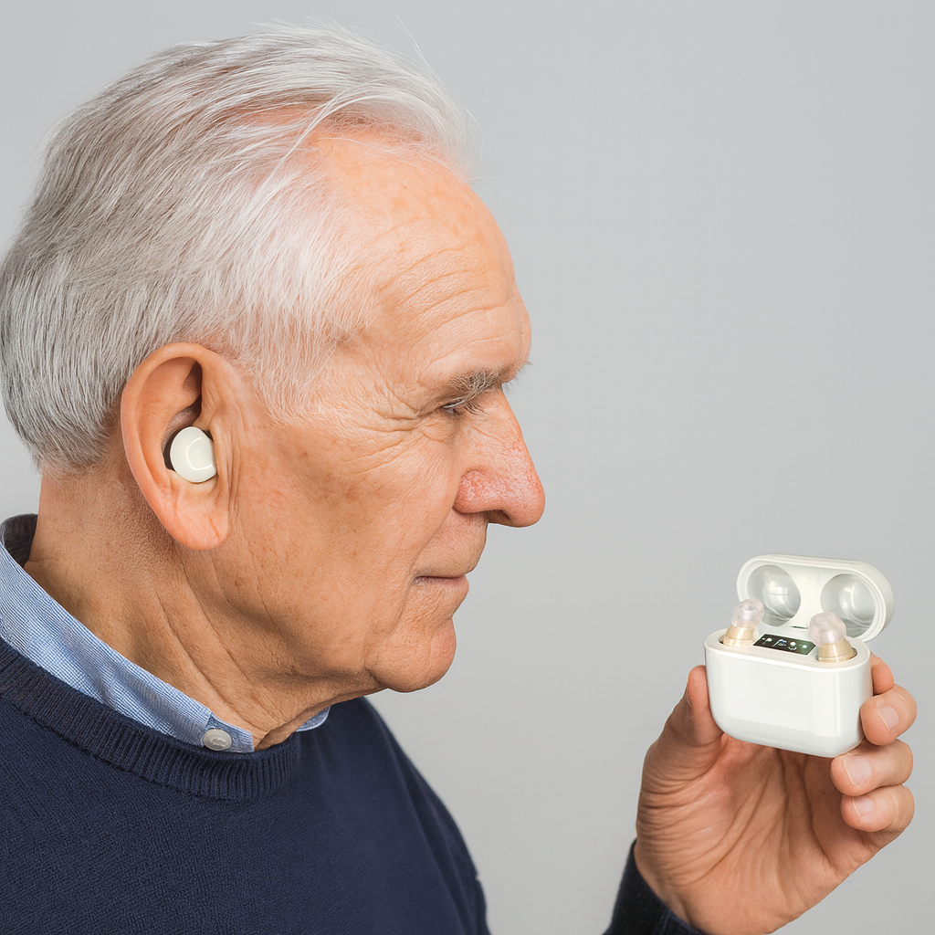 Discreet invisible rechargeable hearing aid for clear sound, comfortable fit, perfect for daily use & senior care.