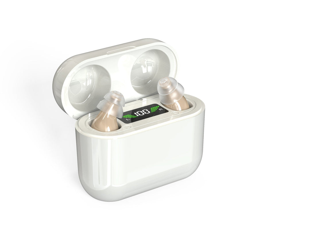 Unisex invisible personal sound amplifier with rechargeable battery for enhanced auditory support & comfort fit.