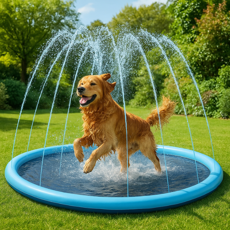 Dog cooling sprinkler mat for summer outdoor water play, keeping pets active & refreshed in the backyard.
