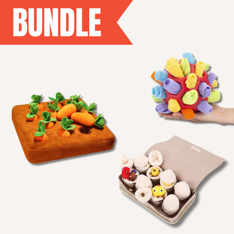 Dog Enrichment Trio: Sniff mat, carrot, and egg puzzle toys for mental stimulation & anti-boredom activities.