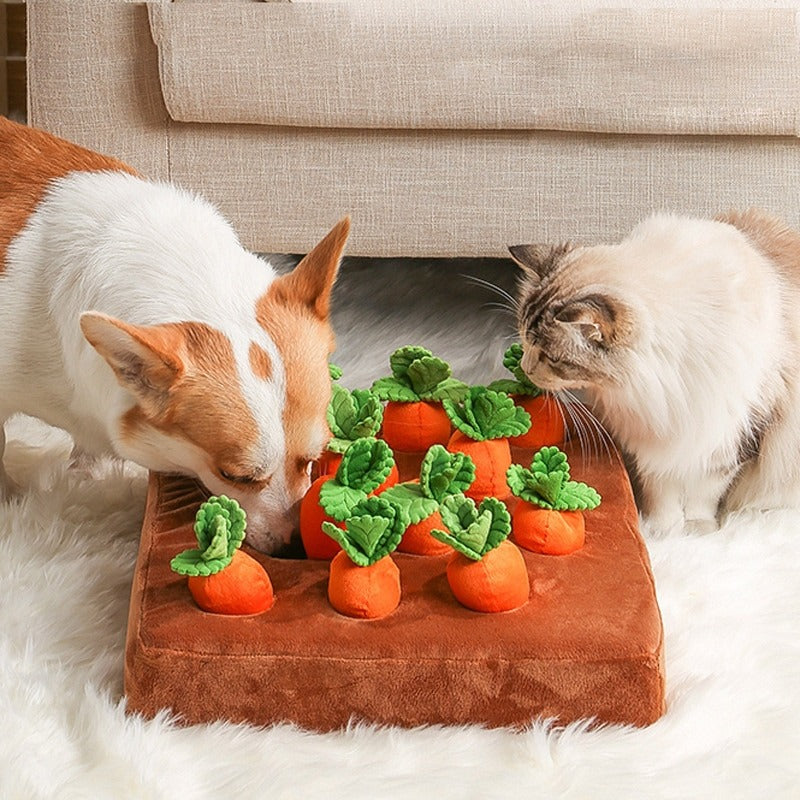 Dog interactive carrot garden puzzle snuffle toy for mental stimulation. Fun enrichment for pets & dog training.