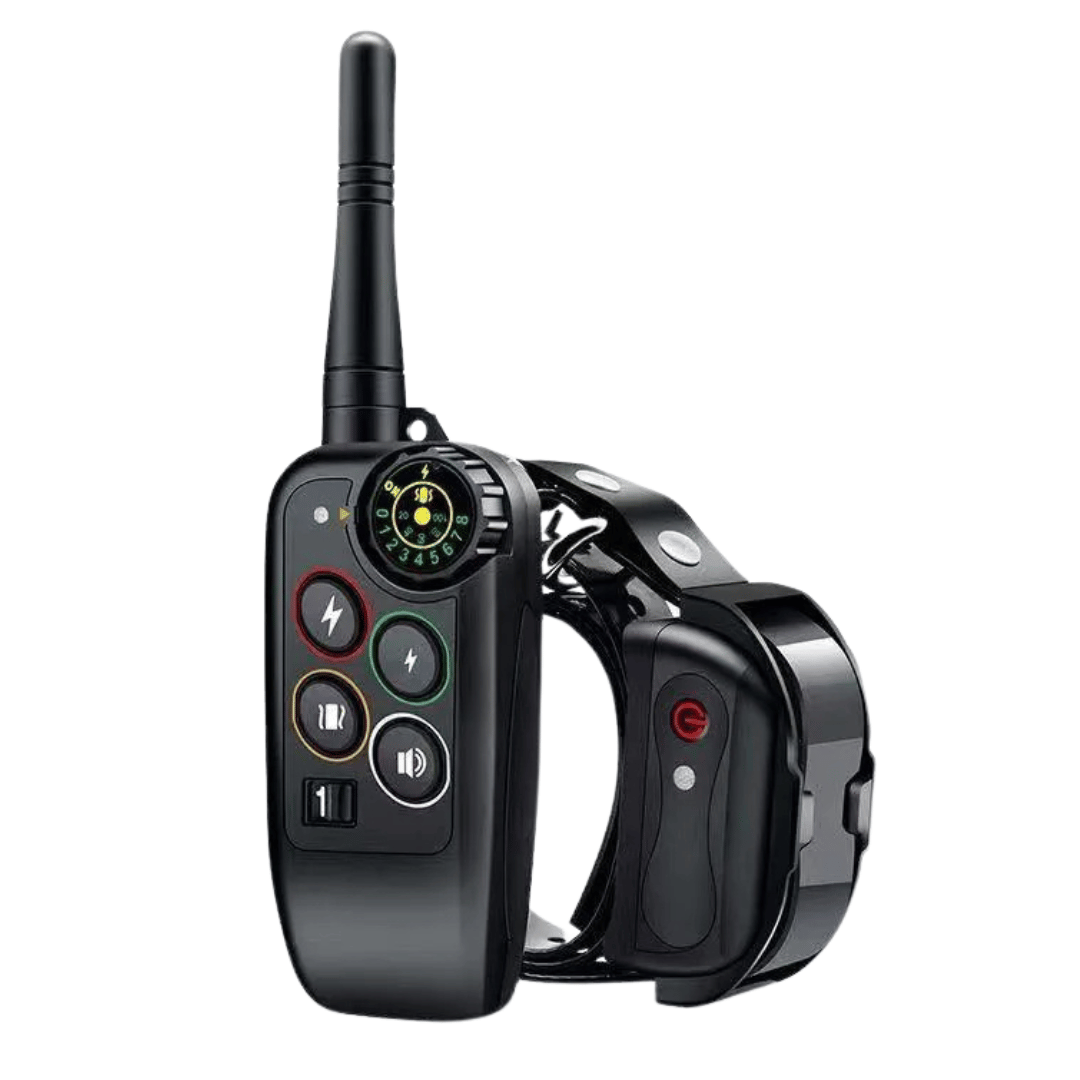 Dog training e-collar with long range remote for obedience training. Waterproof & rechargeable.