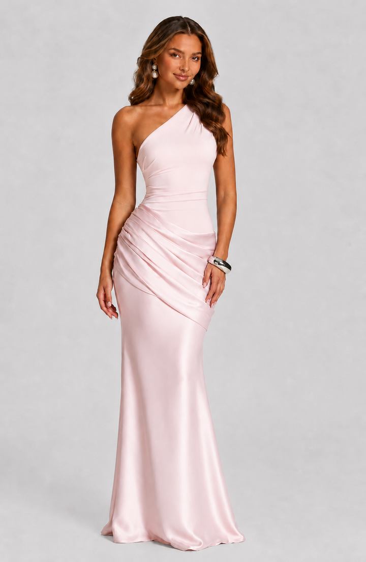 Sophisticated women's elegant maxi dress, one-shoulder style with a unique draped waist detail. Summer fashion.