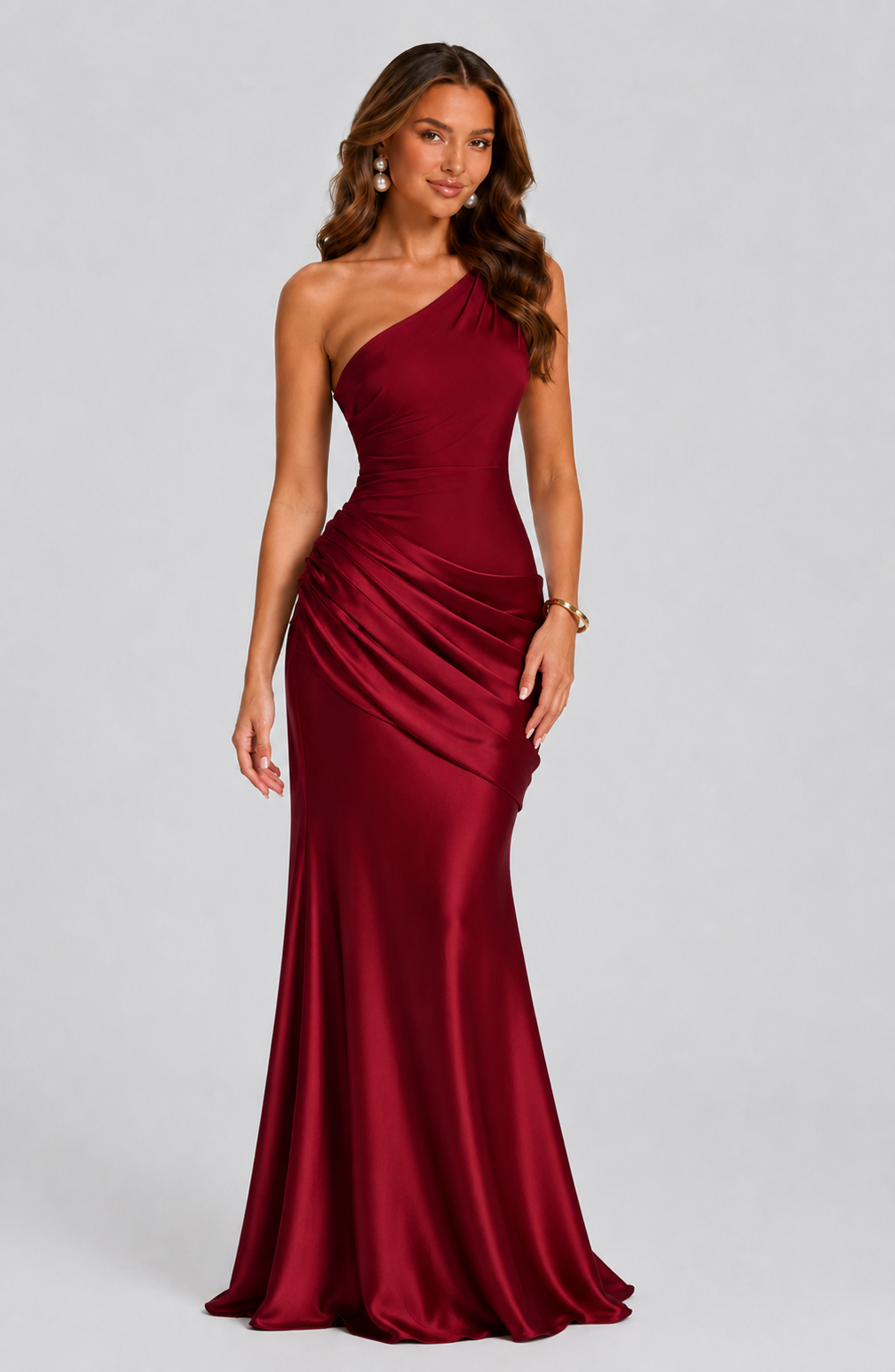 Elegant one-shoulder maxi dress for women, featuring a sophisticated draped waist. Perfect for evening wear.