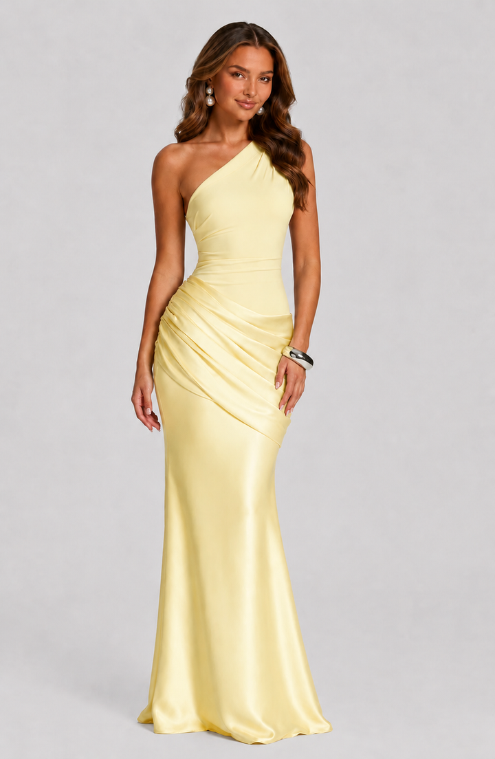 Gorgeous women's one-shoulder elegant maxi dress with a flattering draped waist. Ideal for special evening occasions.