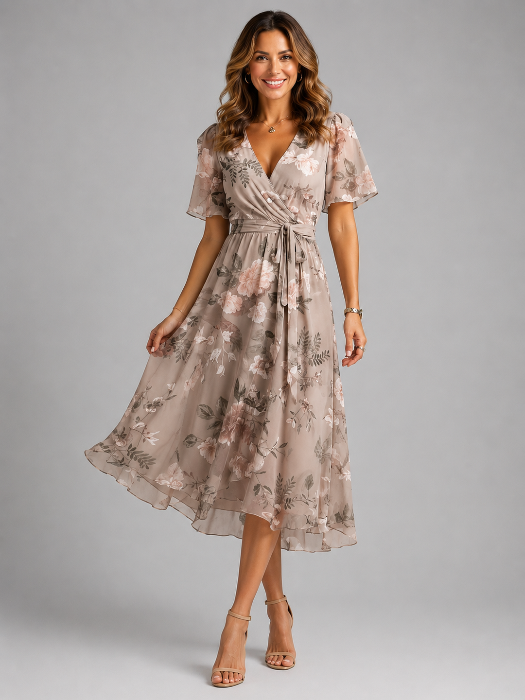 Elegant women's floral print midi dress, perfect for summer. Features comfortable tummy control & stylish wrap design.