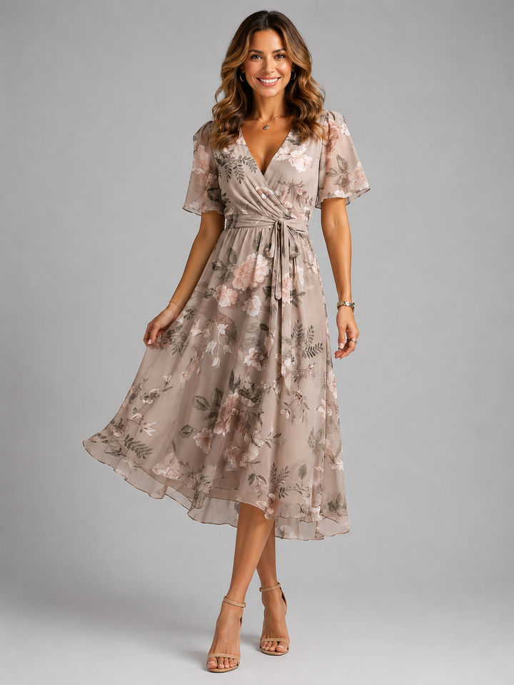 Elegant women's floral print midi dress, perfect for summer. Features comfortable tummy control & stylish wrap design.