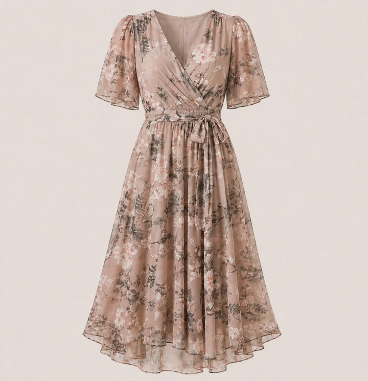 Women's floral print midi dress with tummy control. Elegant summer day or evening wear, comfortable & stylish.