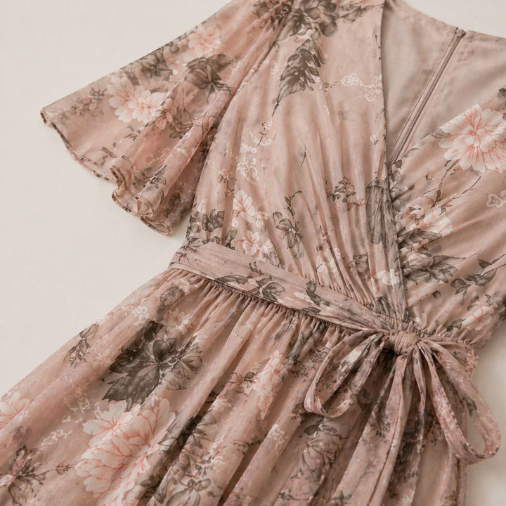 Flattering women's floral wrap midi dress with tummy control. Perfect elegant summer dress for any occasion.
