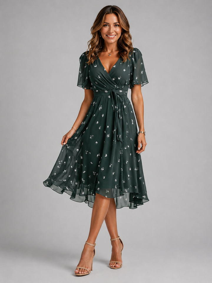 Elegant plus size women's floral midi dress. Summer style with comfortable tummy control & chic wrap design.