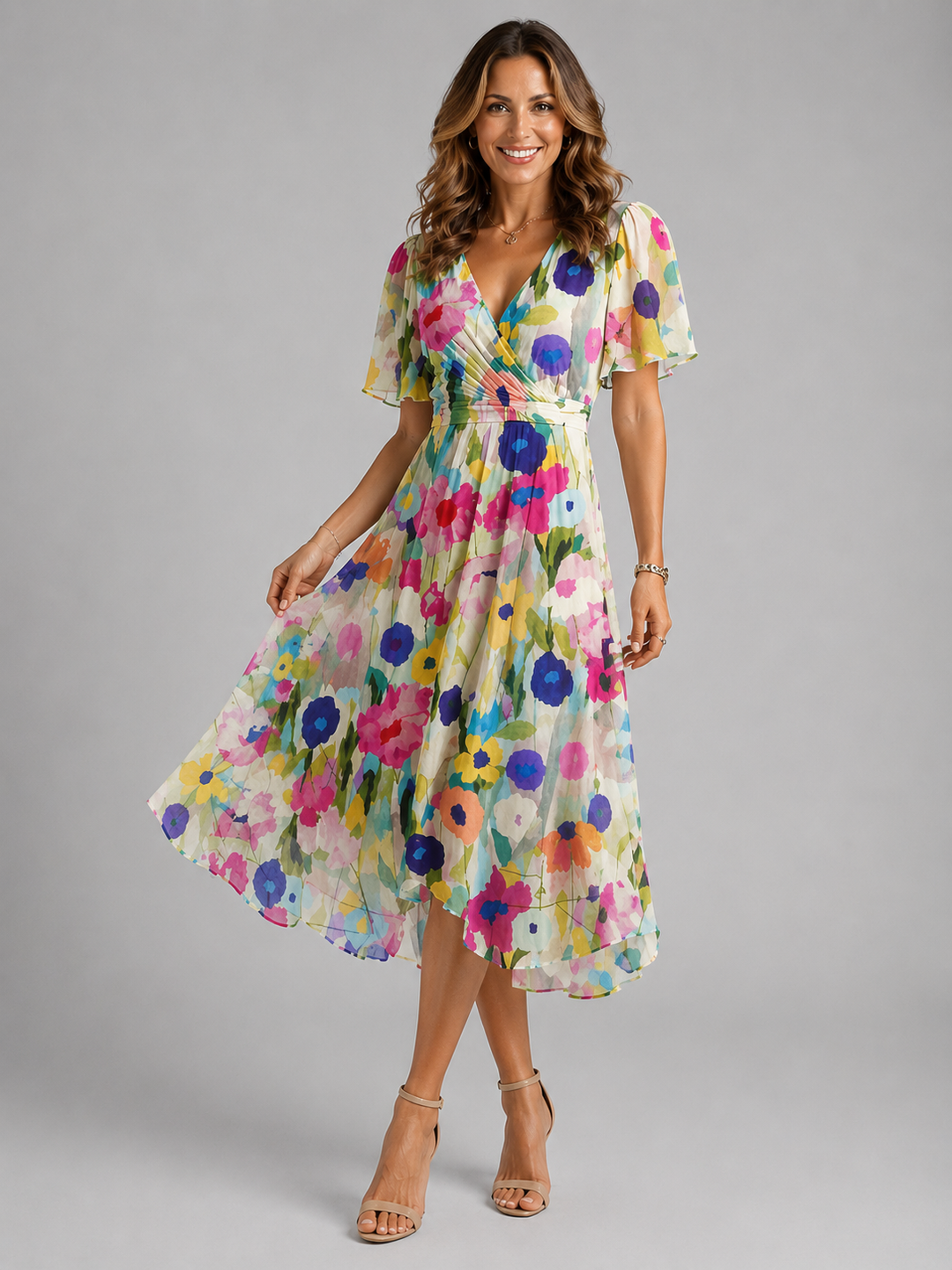 Versatile women's floral midi dress. Features tummy control, a flattering wrap style, perfect for day or evening.