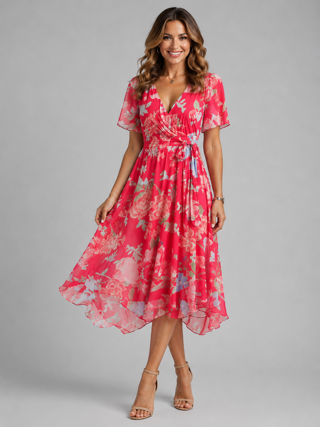 Stylish women's summer midi dress with beautiful floral print, flattering wrap design, and tummy control.