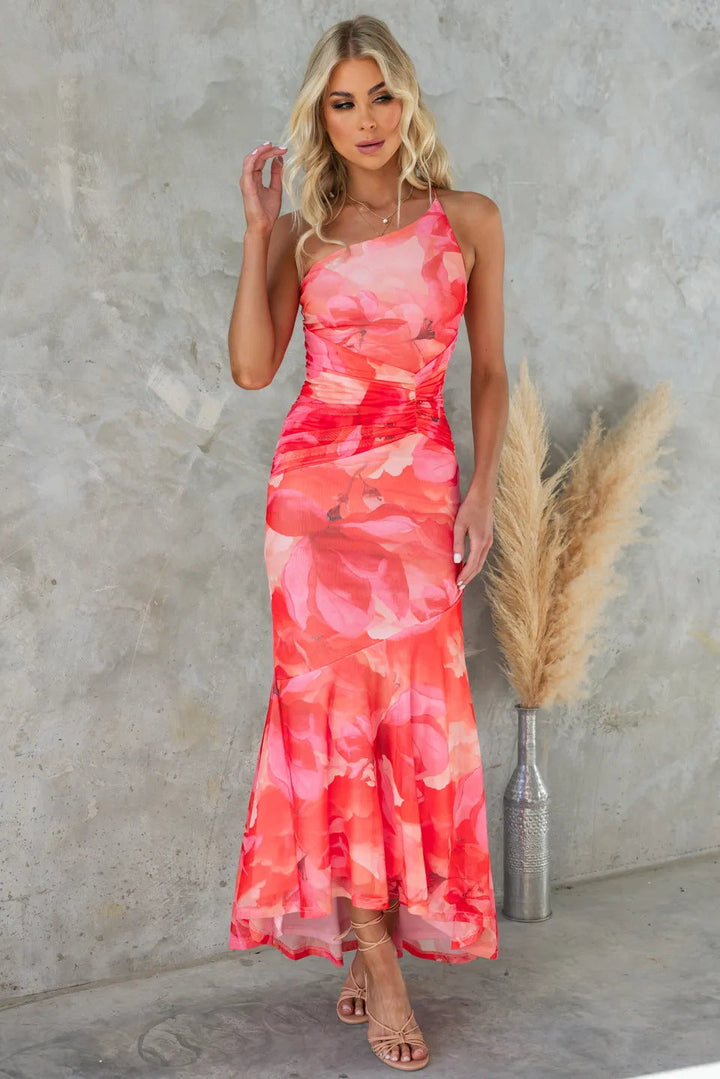 Stylish printed one-shoulder pleated maxi dress for women. Ideal summer occasion wear with a sleeveless design.
