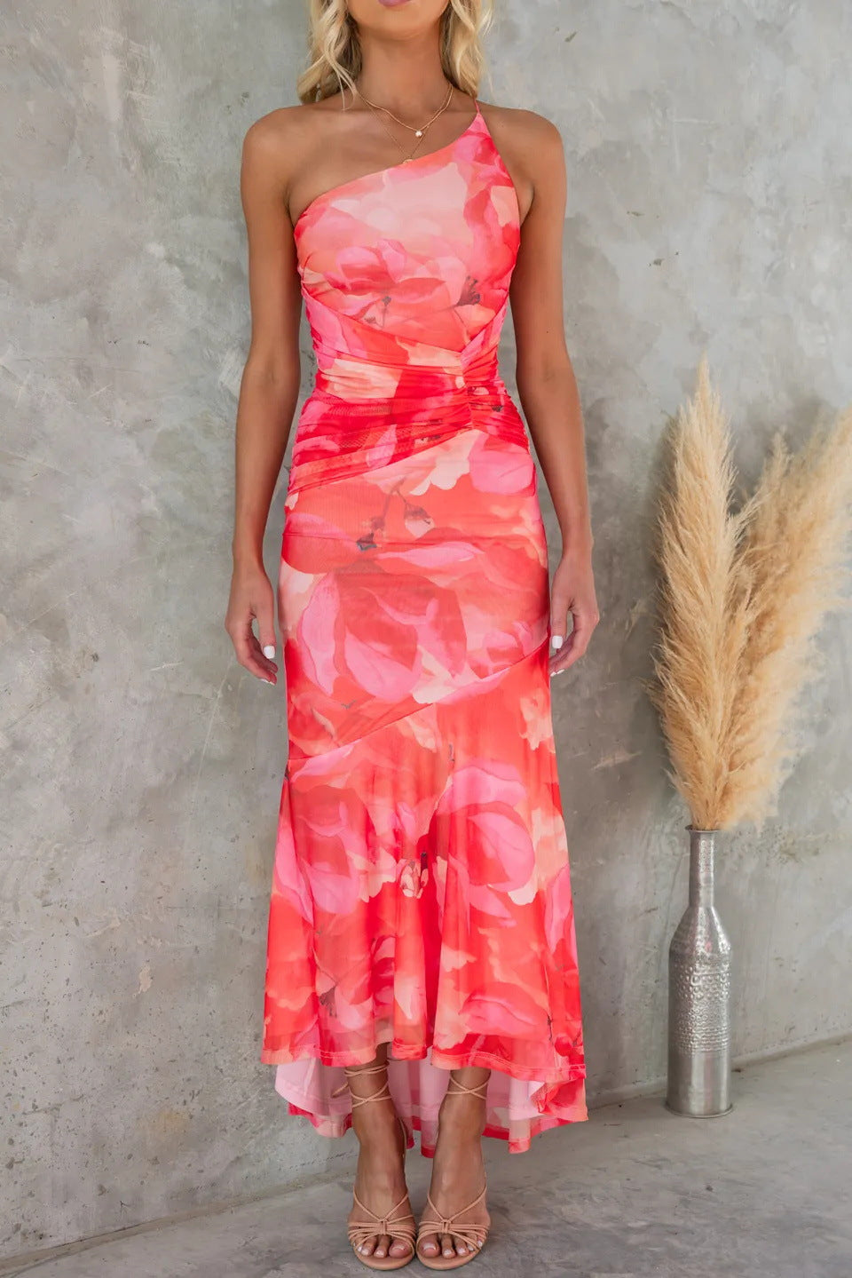 Women's Xanthe summer maxi dress featuring a chic one-shoulder design, flowing pleats, and an asymmetric hem.