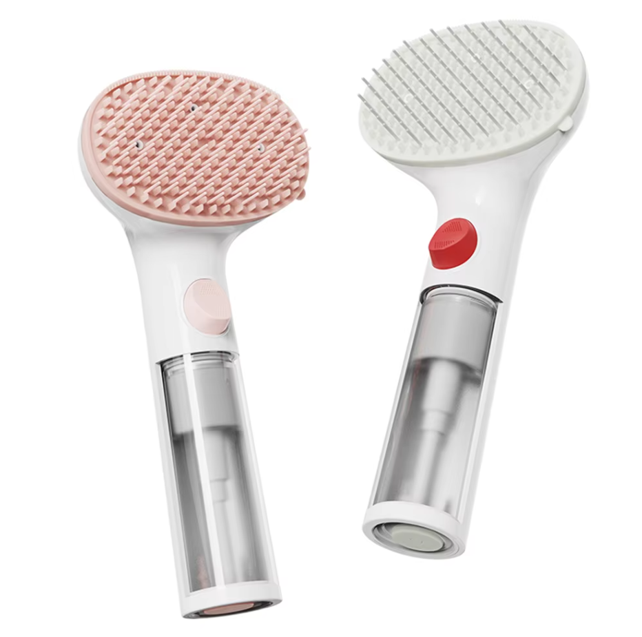 Dry foam pet brush for waterless dog & cat grooming. Integrated cleaning dispenser for gentle, easy application.