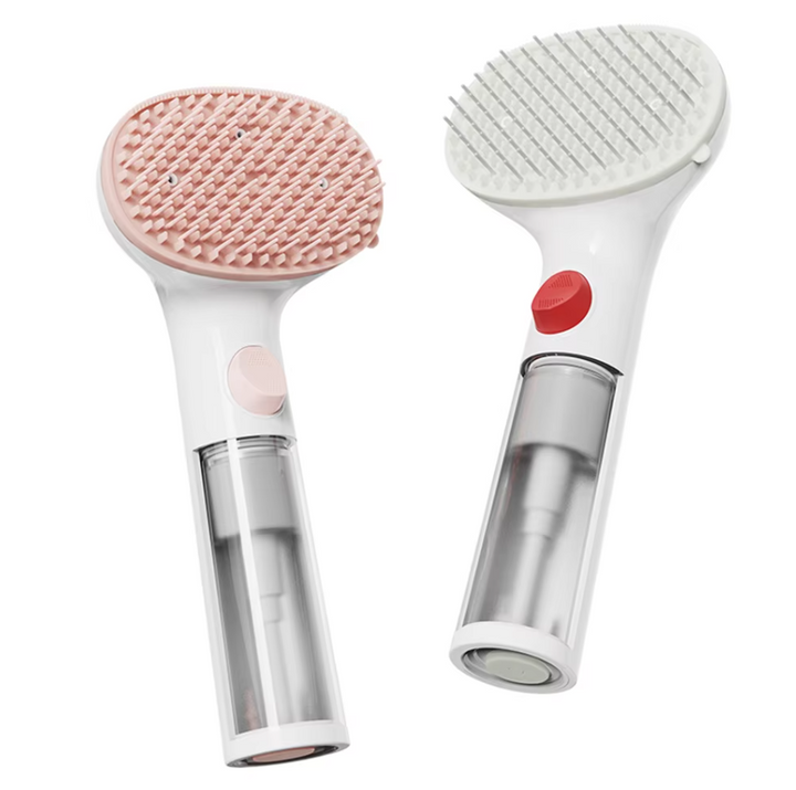 Dry foam pet brush for waterless dog & cat grooming. Integrated cleaning dispenser for gentle, easy application.