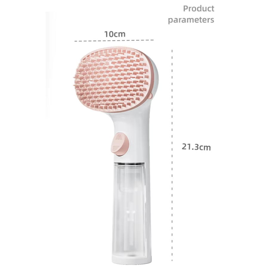 Portable dry foam pet brush with integrated dispenser for on-the-go waterless dog & cat grooming.