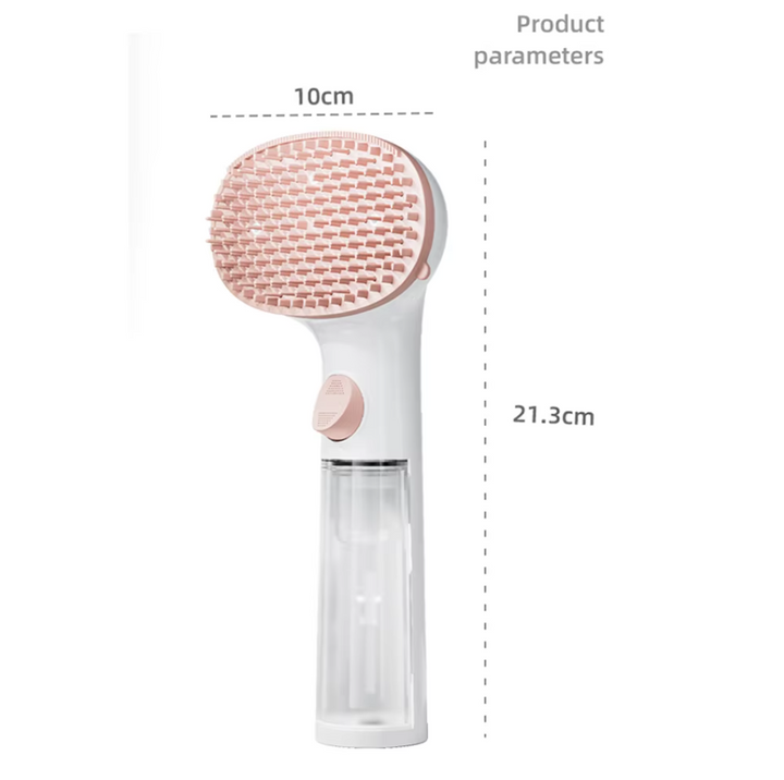 Portable dry foam pet brush with integrated dispenser for on-the-go waterless dog & cat grooming.