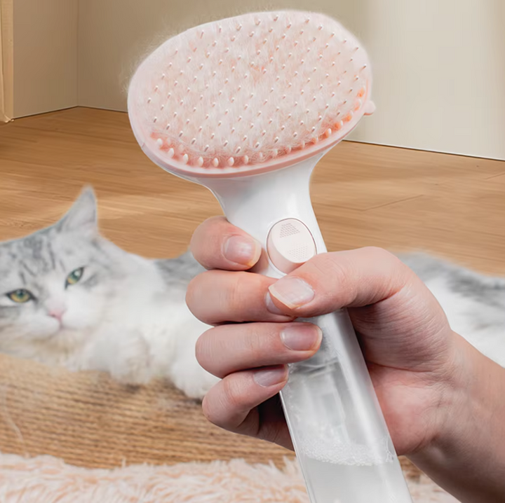 Waterless dry foam pet shampoo brush for dog grooming & cat grooming, with built-in cleaning dispenser.