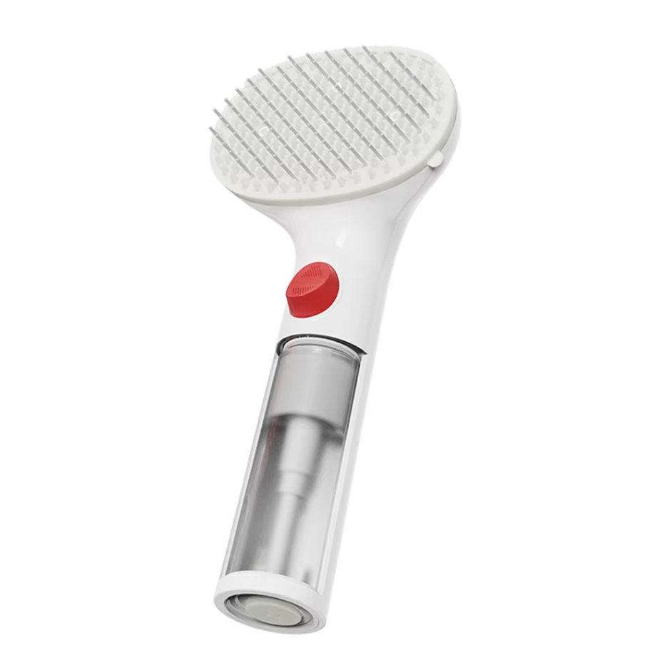 Soft bristled dry foam pet brush with integrated waterless shampoo dispenser for effective dog & cat grooming.