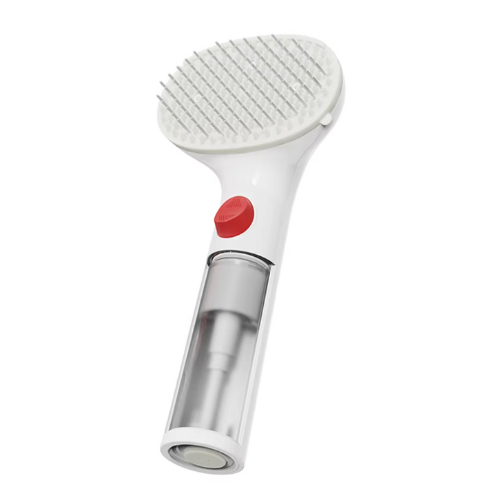 Soft bristled dry foam pet brush with integrated waterless shampoo dispenser for effective dog & cat grooming.