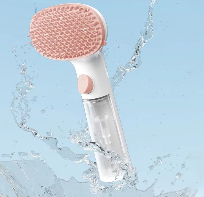 Innovative dry foam pet grooming brush with built-in cleaning dispenser. Ideal for waterless dog & cat wash.