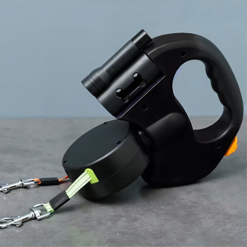 Dual dog leash with LED light for night visibility & tangle-free swivel. Essential pet accessory for walking two dogs safely.