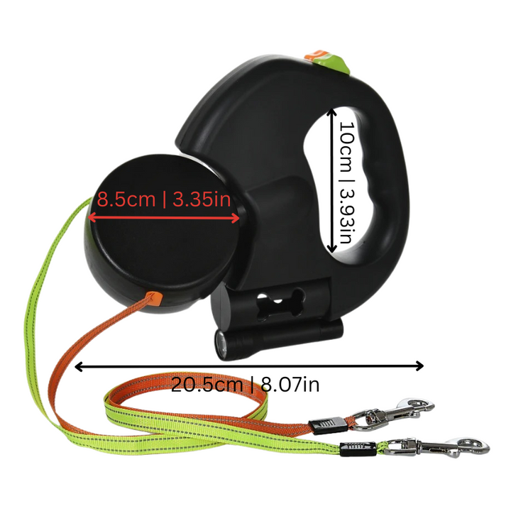 Unisex dual dog leash featuring an LED light & tangle-free swivel. Ideal for safe, convenient dog walking with two pets.