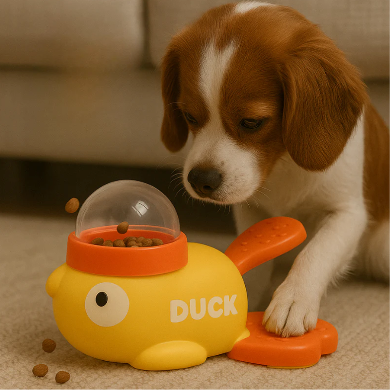 Ducksy interactive dog puzzle feeder: treat dispenser toy for mental stimulation & slow feeding, durable pet training.