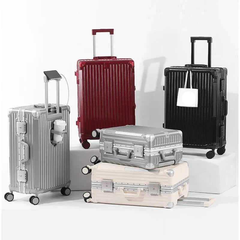 Durable aluminum frame suitcase with smooth spinner wheels, perfect for reliable travel.