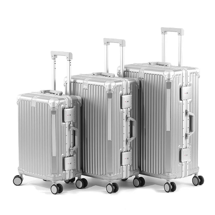Sleek aluminum frame luggage with TSA lock & multi-directional spinner wheels for secure business trips.