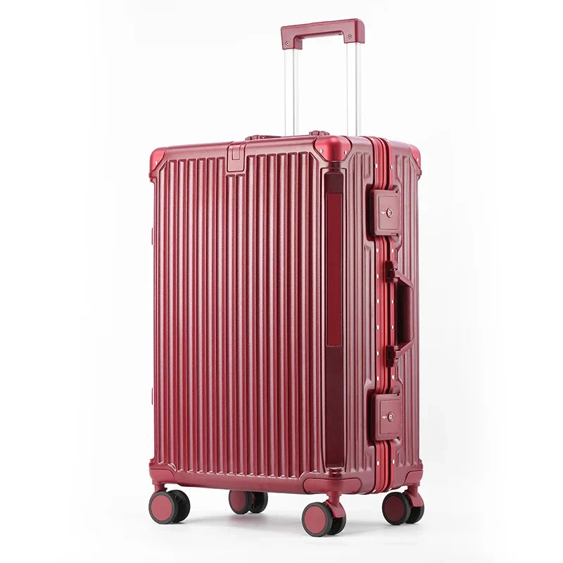 Organized aluminum frame suitcase; durable design, spinner wheels for easy navigation on any vacation.