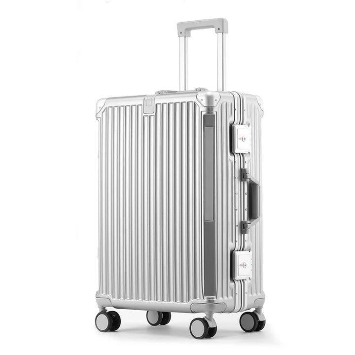 Compact cabin luggage: durable aluminum frame, spinner wheels & secure locks for efficient air travel.