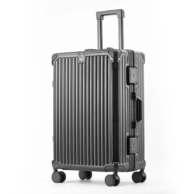 Modern aluminum frame suitcase with durable spinner wheels, perfect travel luggage for any destination.
