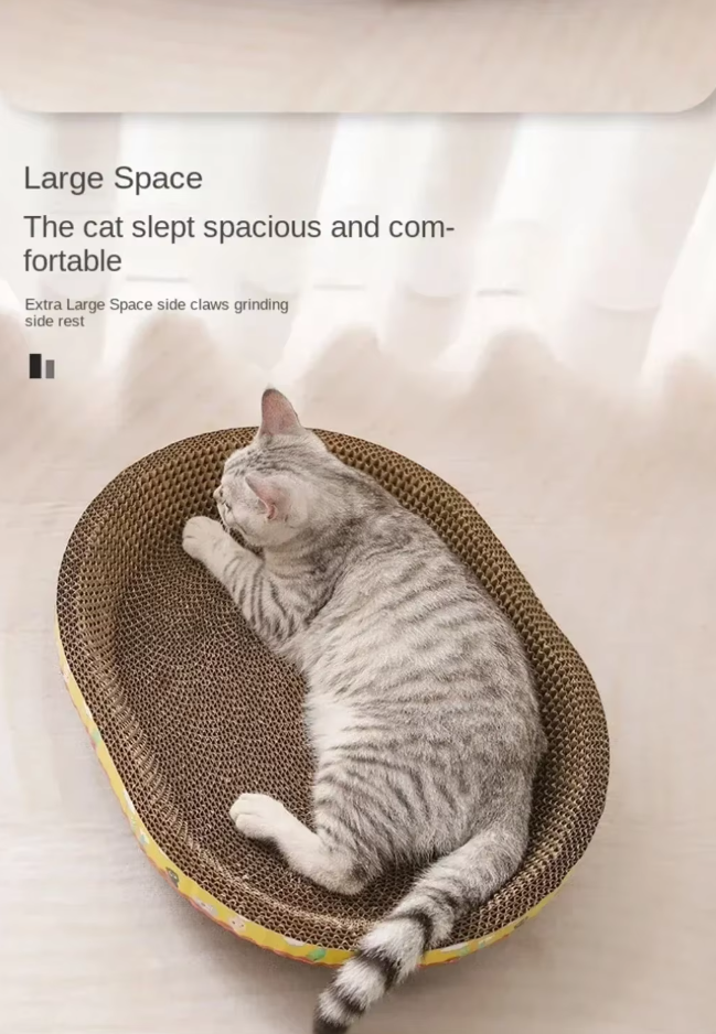 Durable corrugated cardboard cat scratching lounge & cozy rest tray for play & comfort. Eco-friendly pet furniture protector.