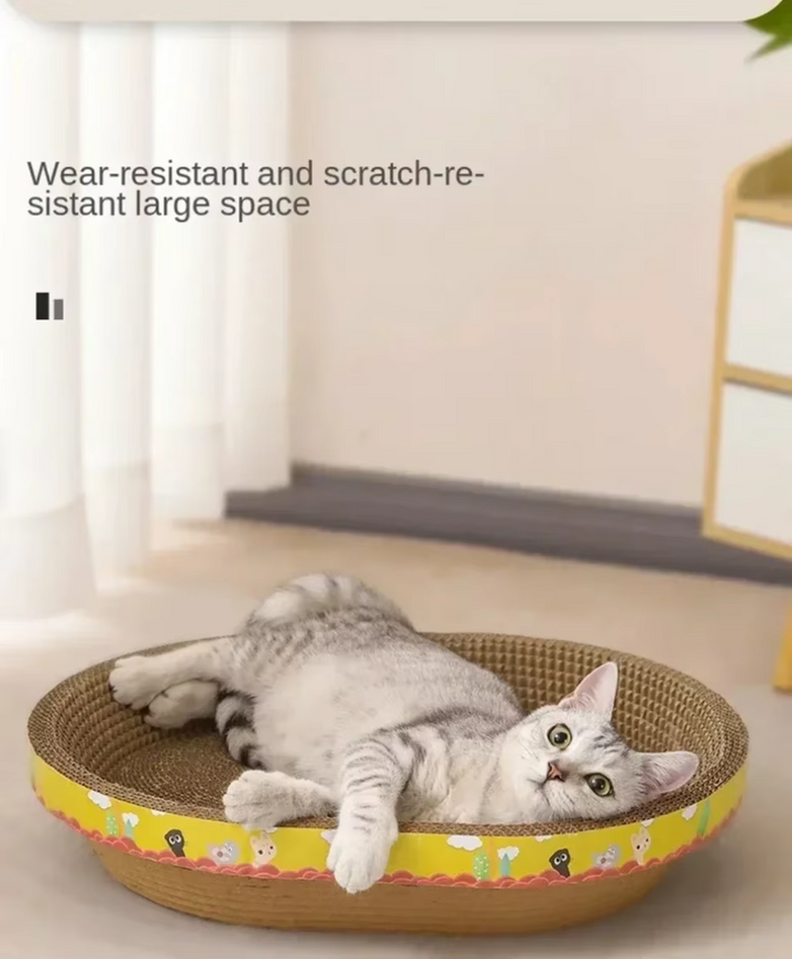 Happy cat scratching on its durable cardboard lounge. A cozy rest tray & pet furniture protector.