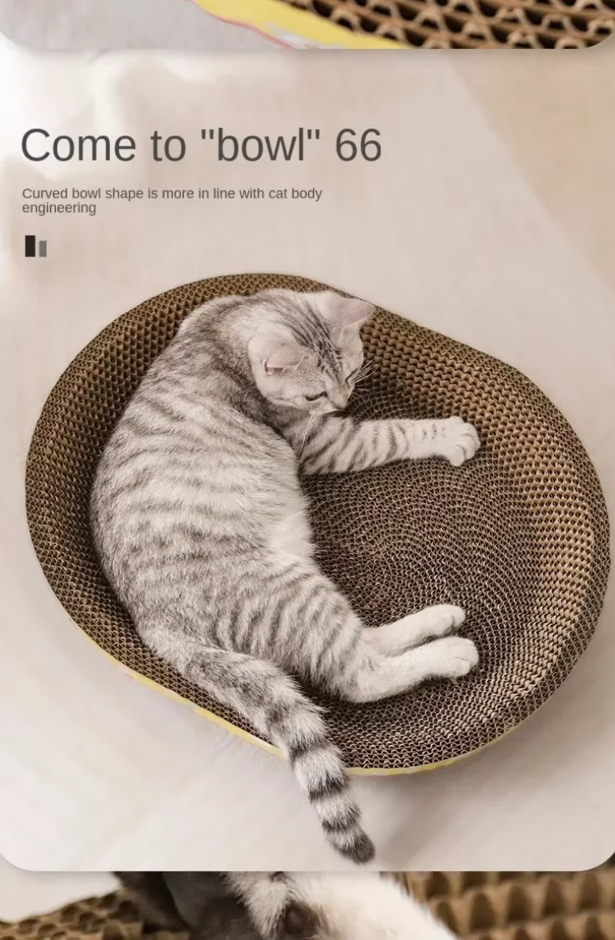 Long-lasting corrugated cardboard cat scratching lounge. A durable pet bed and furniture protector for felines.