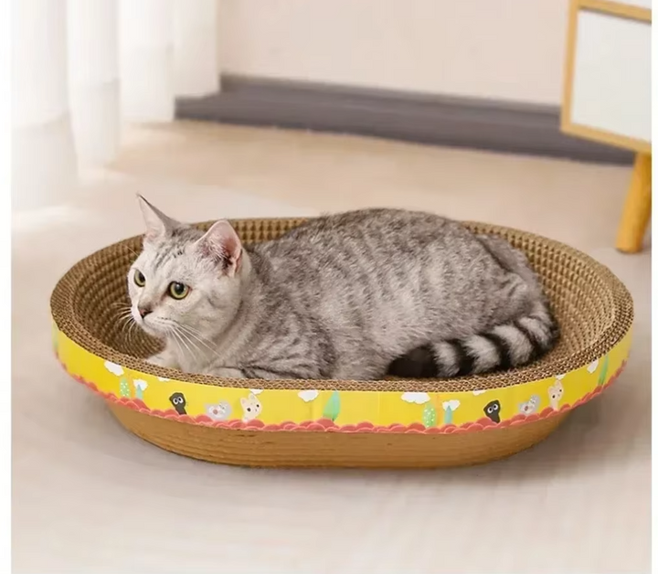 Corrugated cardboard cat scratching lounge & cozy bed. Durable pet furniture protector for happy cats.