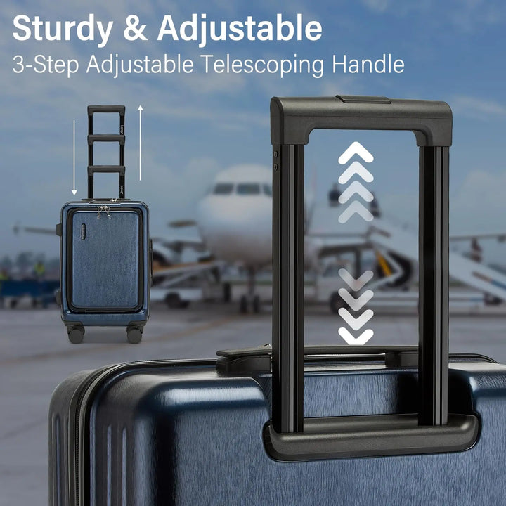 Lightweight Denver hardshell carry-on luggage with convenient spinner wheels & organized interior.