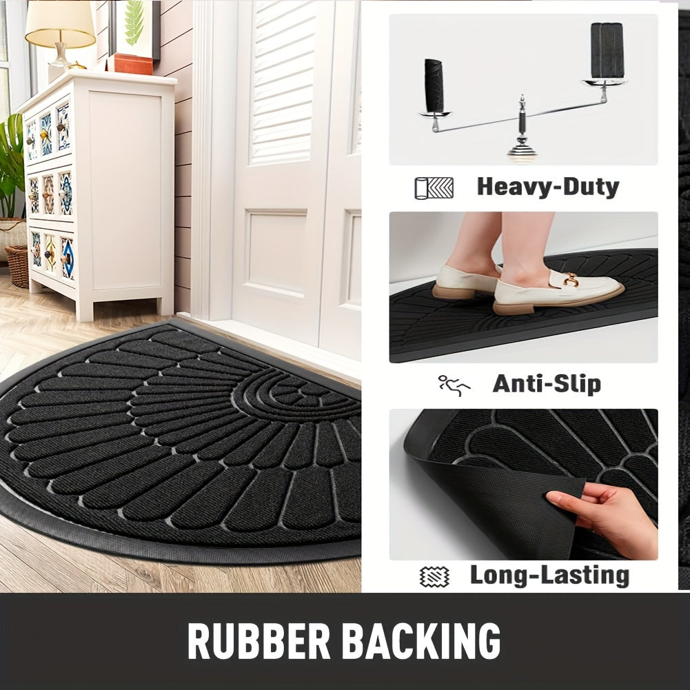 Sustainable half-round rubber mat protects indoor and outdoor floors, ideal for home entryways.