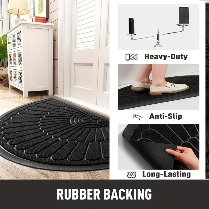 Sustainable half-round rubber mat protects indoor and outdoor floors, ideal for home entryways.